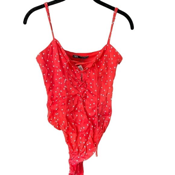 Zara Tops - NWT Zara Star satin Effect Lace Up Bodysuit Size small Red‎ & White